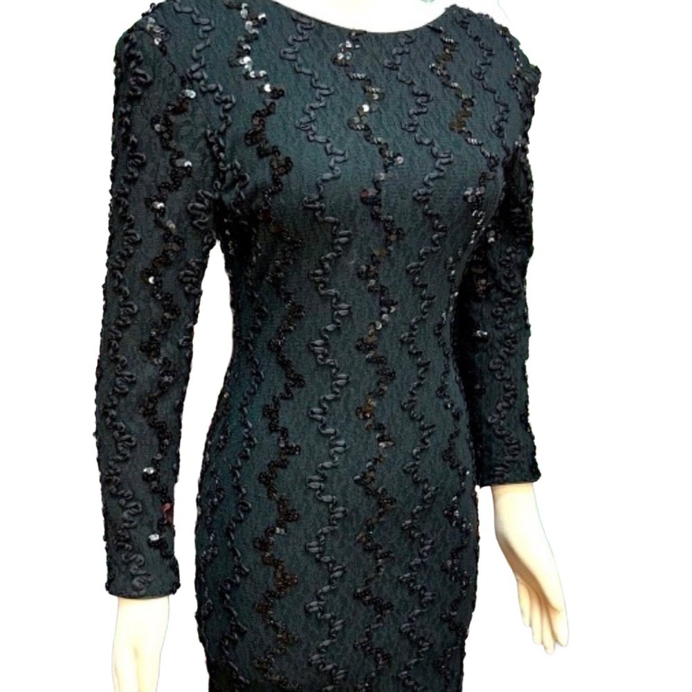 VTG 80s Black Sequin & Ribbon Formal Holiday New Years Eve Mini Cocktail Dress.